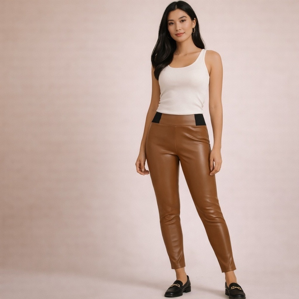 A New Day Brown Faux Leather Leggings High Waist Slim Fit Chic Size M